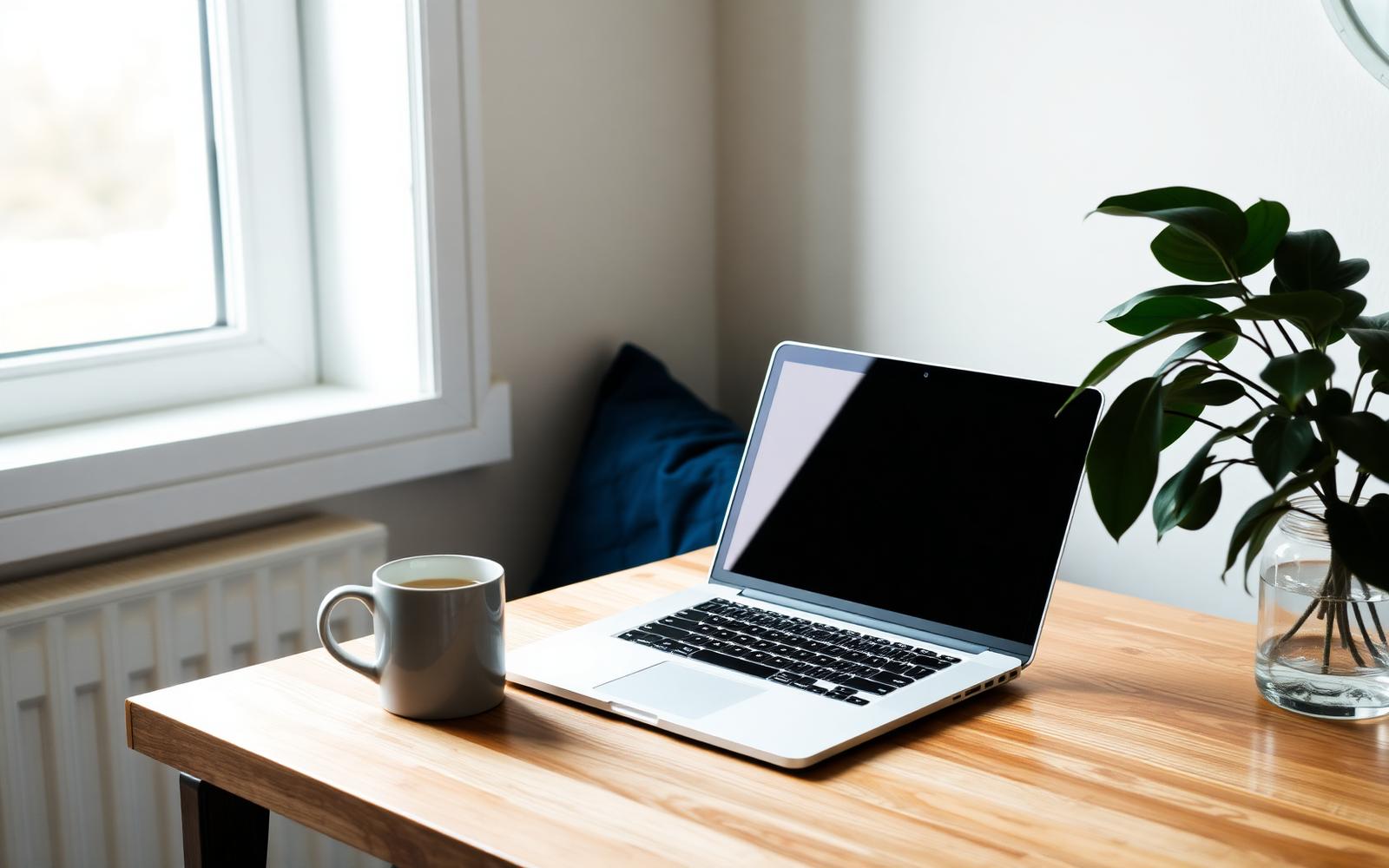 Laptop and mug on a wooden desk by a window, a home setup for online counselling in British Columbia