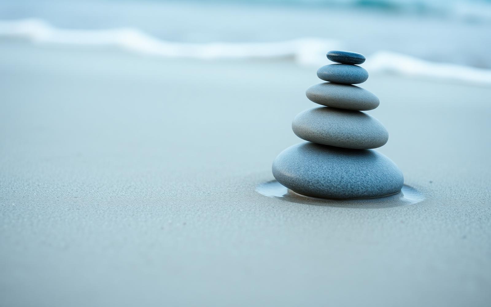 Stacked stones balanced on sand, representing structure and strategies in ADHD counselling