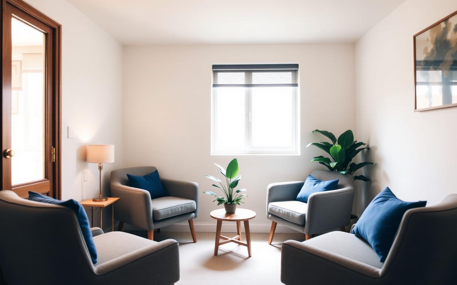 Quiet counselling room with two armchairs, used for individual and couples counselling on the Sunshine Coast