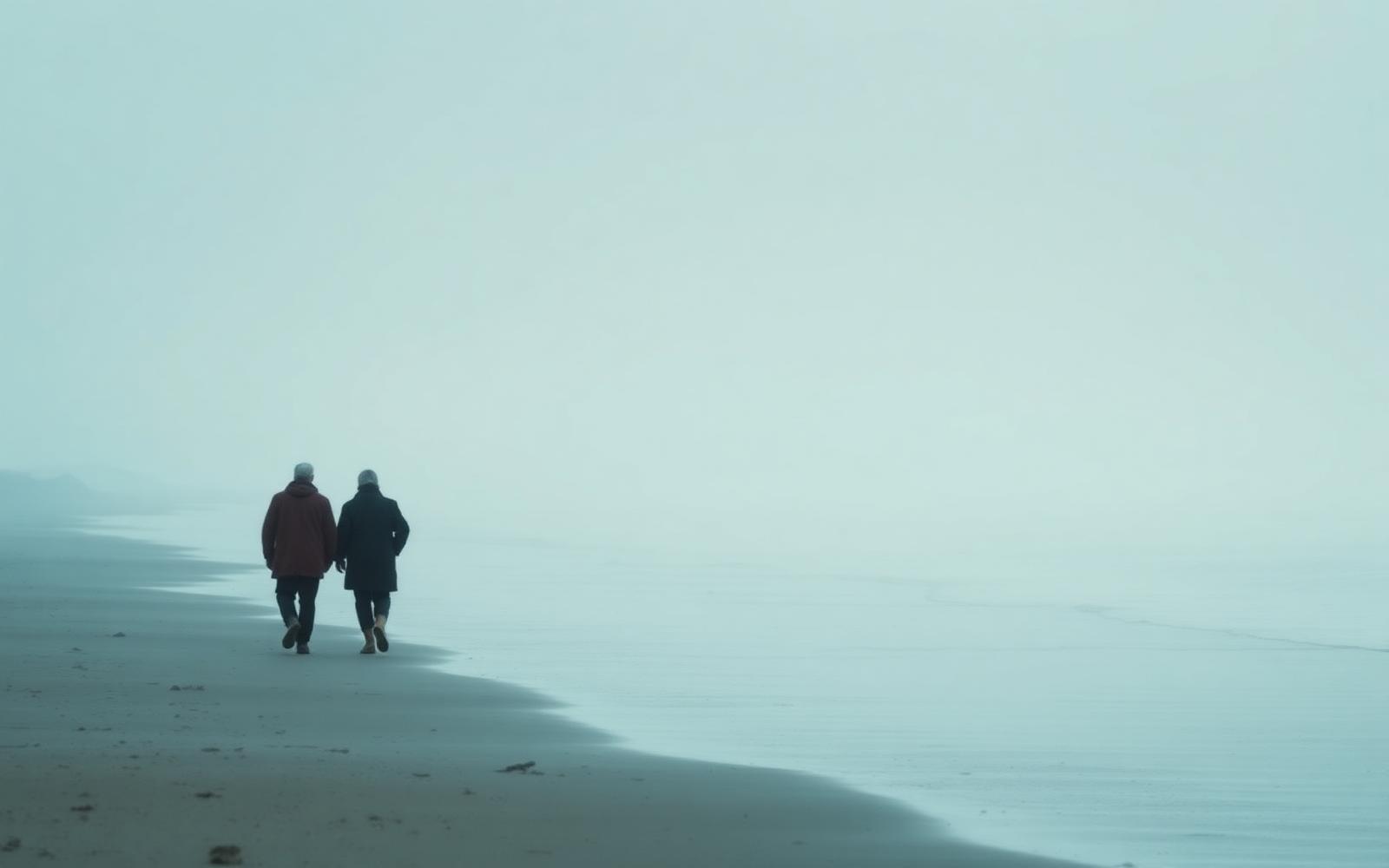 Two older people walking a quiet beach together, representing counselling support through aging